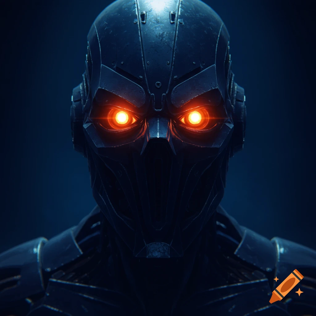 Close-up portrait of a dark metallic robot with glowing orange eyes in a dark setting.