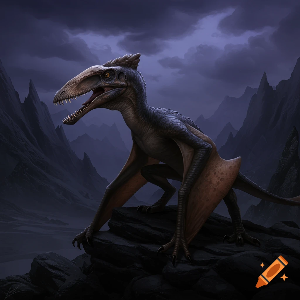 A Dimorphodon on a rock in a moody, mountainous landscape.