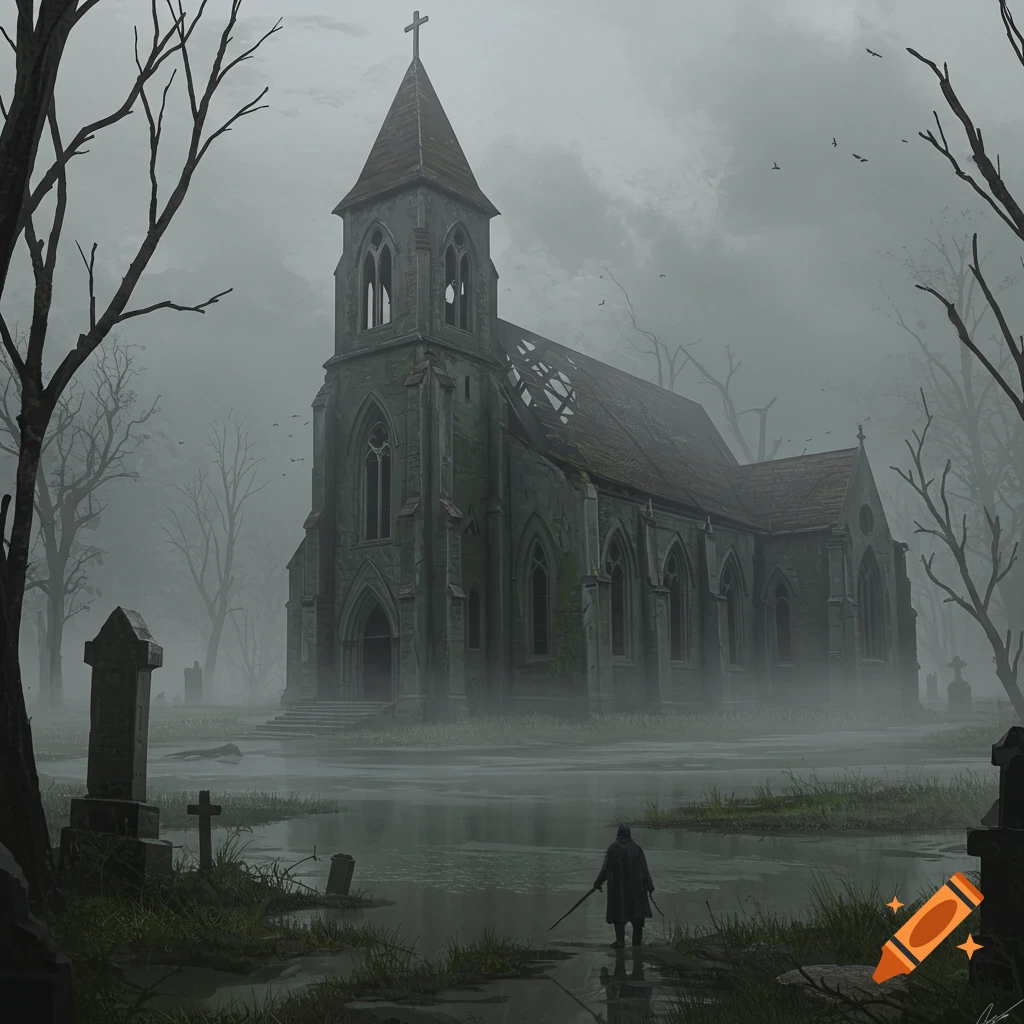 Figure in water in front of a rundown church in a misty cemetery.
