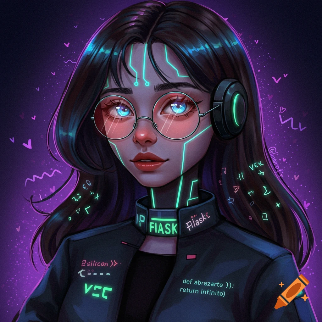 A cyberpunk woman featuring glowing circuits, glasses, and code text on her jacket.