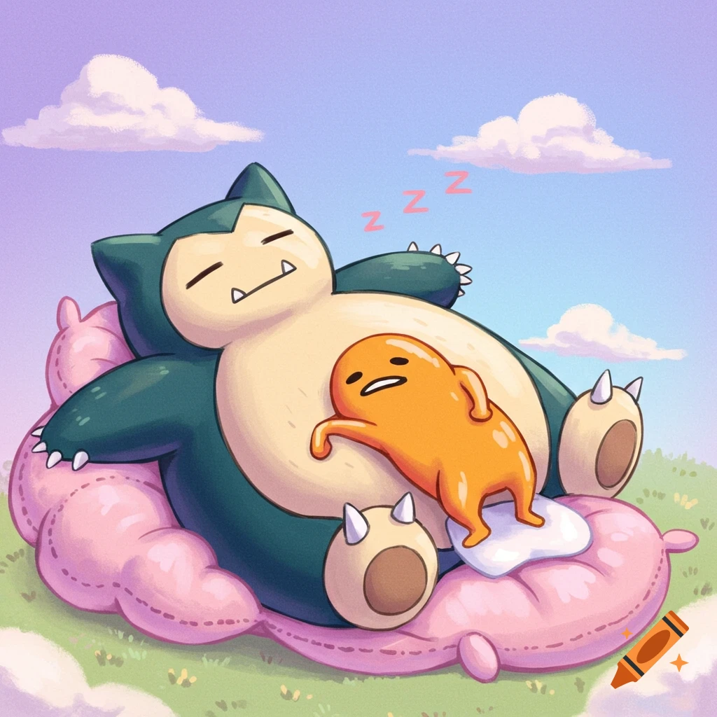 Digital illustration of Snorlax sleeping on a pink cushion with Gudetama on his belly, with Zzz symbols.