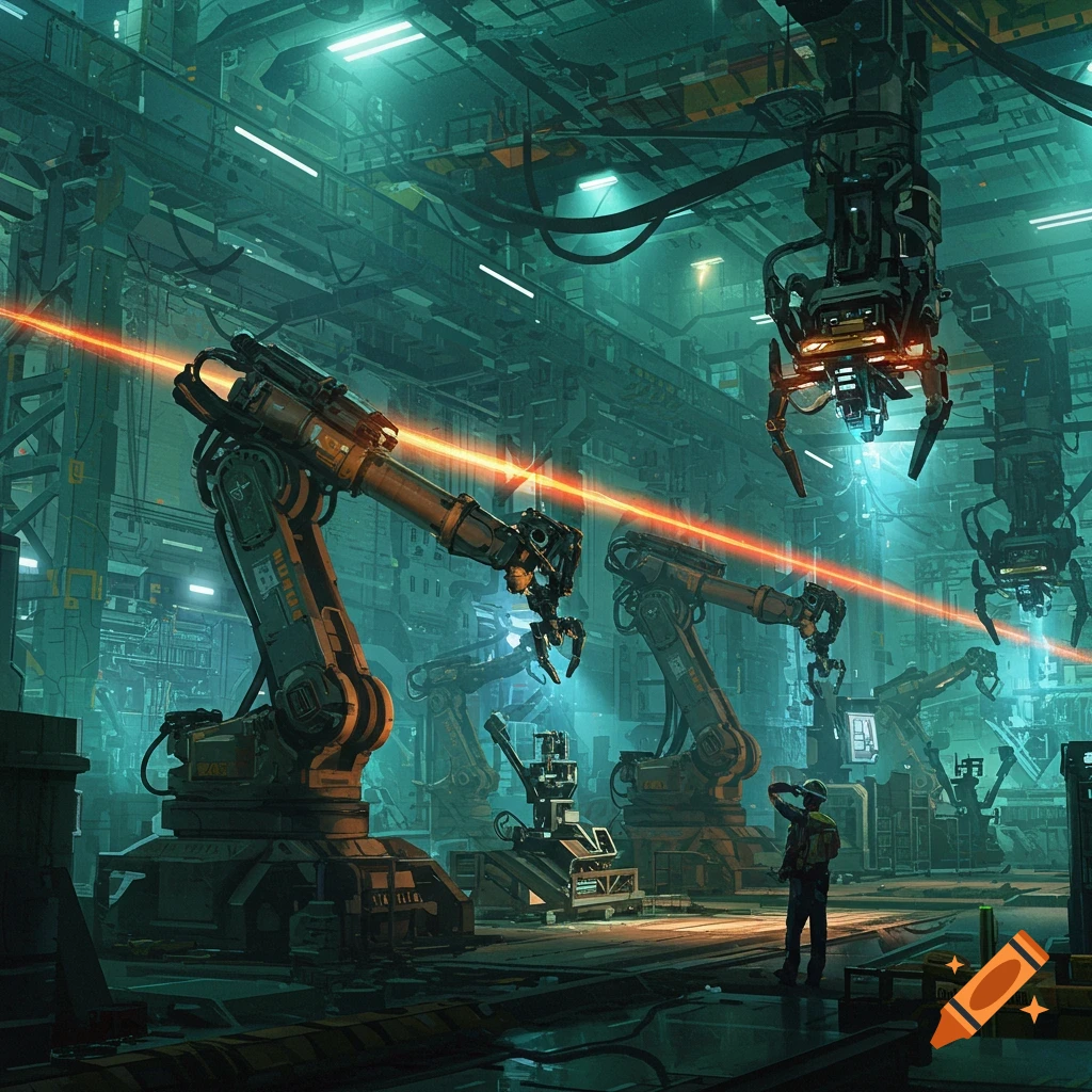A worker stands in a vast robotics factory with multiple large robotic arms.