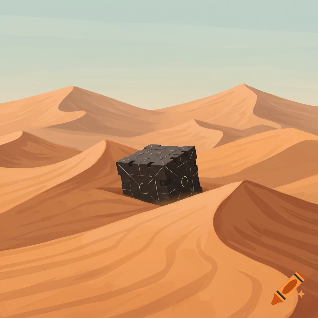 A dark, geometric cube sits in orange desert dunes.