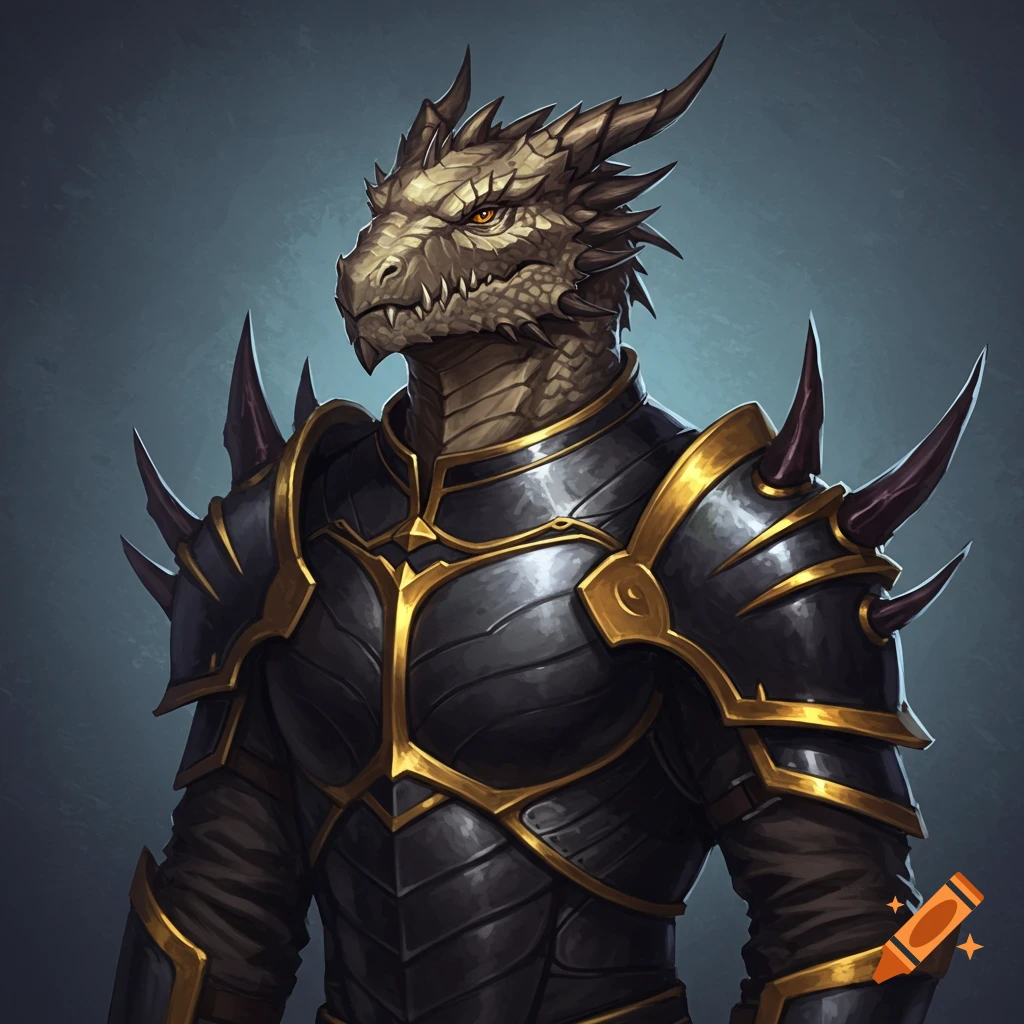 A dragon-human hybrid is wearing black and gold armor with spiked shoulders.