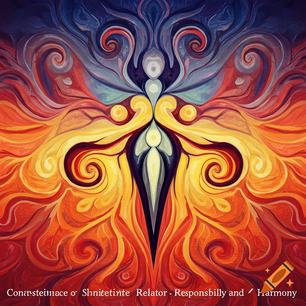 Abstract symmetrical painting with warm and cool swirling colors and central figure.