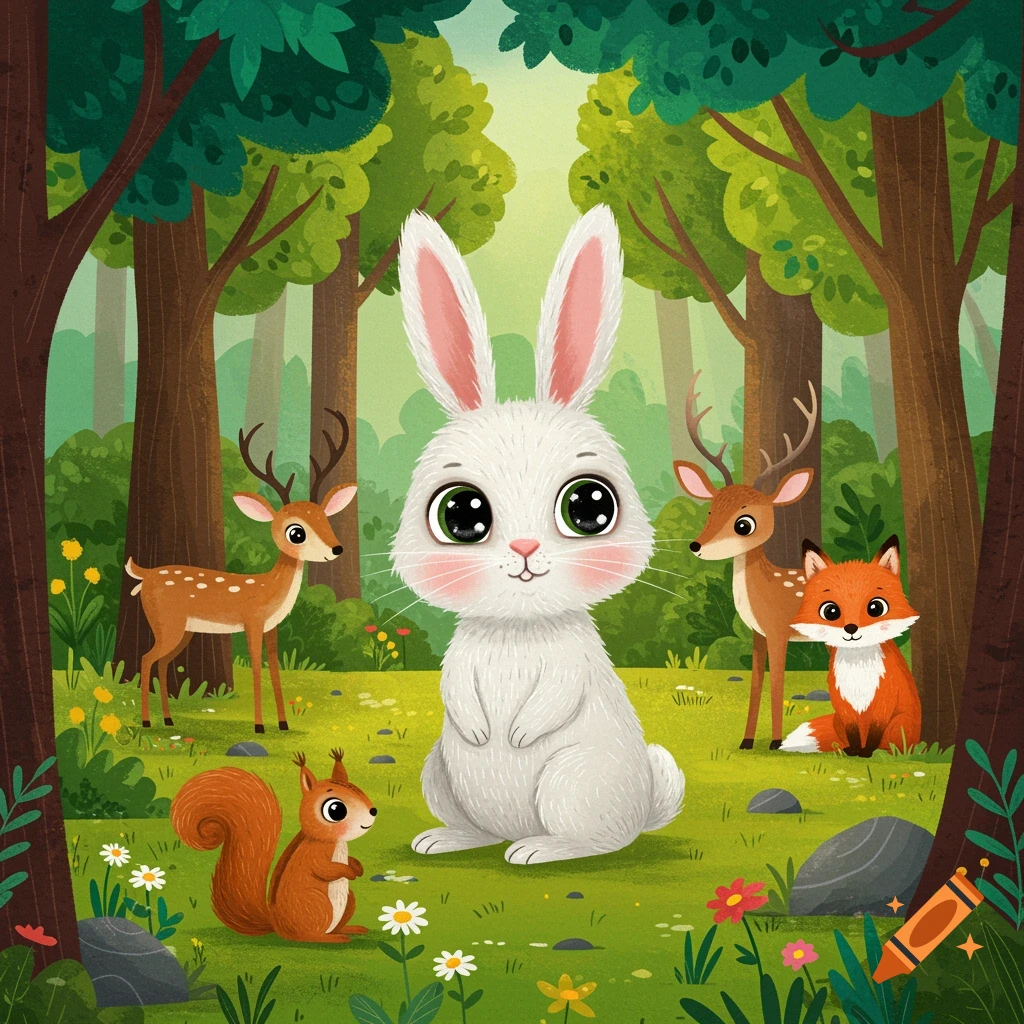 A cute cartoon rabbit with forest animals like deer, a fox, and a squirrel in a forest.