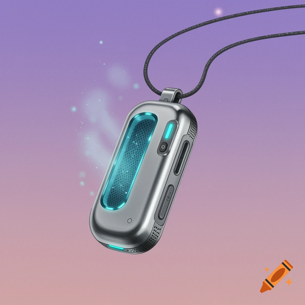 A futuristic silver pendant-like device with blue glowing accents hangs on a string against a purple and pink gradient background.