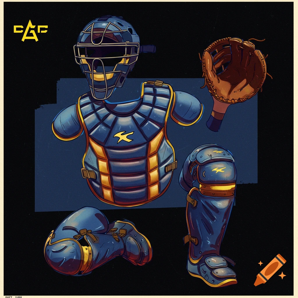 Baseball catcher's gear including a helmet, chest protector, shin guards, and glove.