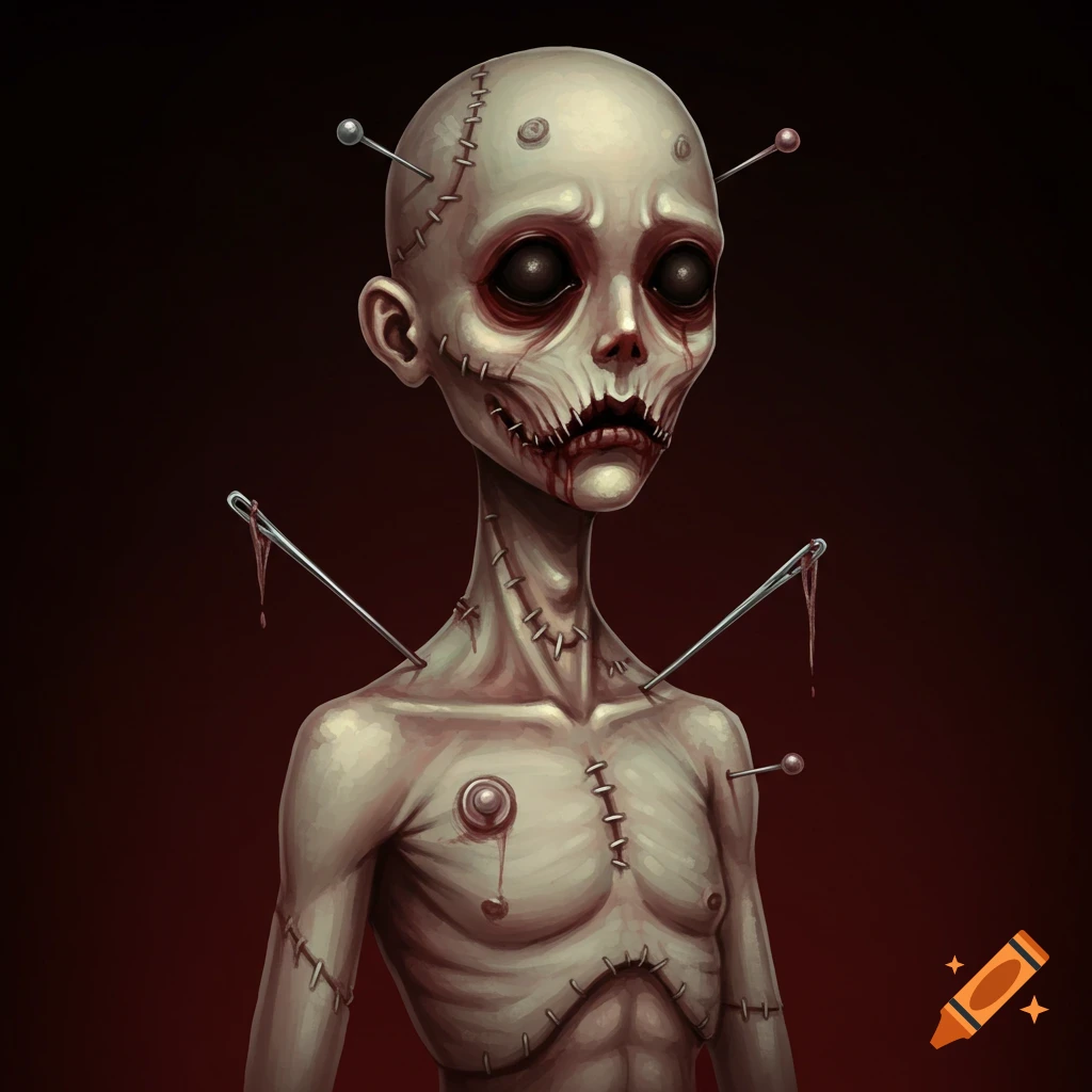 Stylized illustration of a creepy voodoo doll figure with stitches and needles.