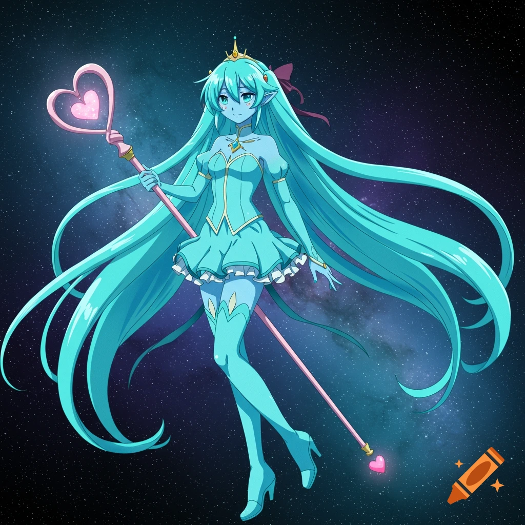 Anime magical girl with blue skin and long blue hair floating in space with a heart staff.