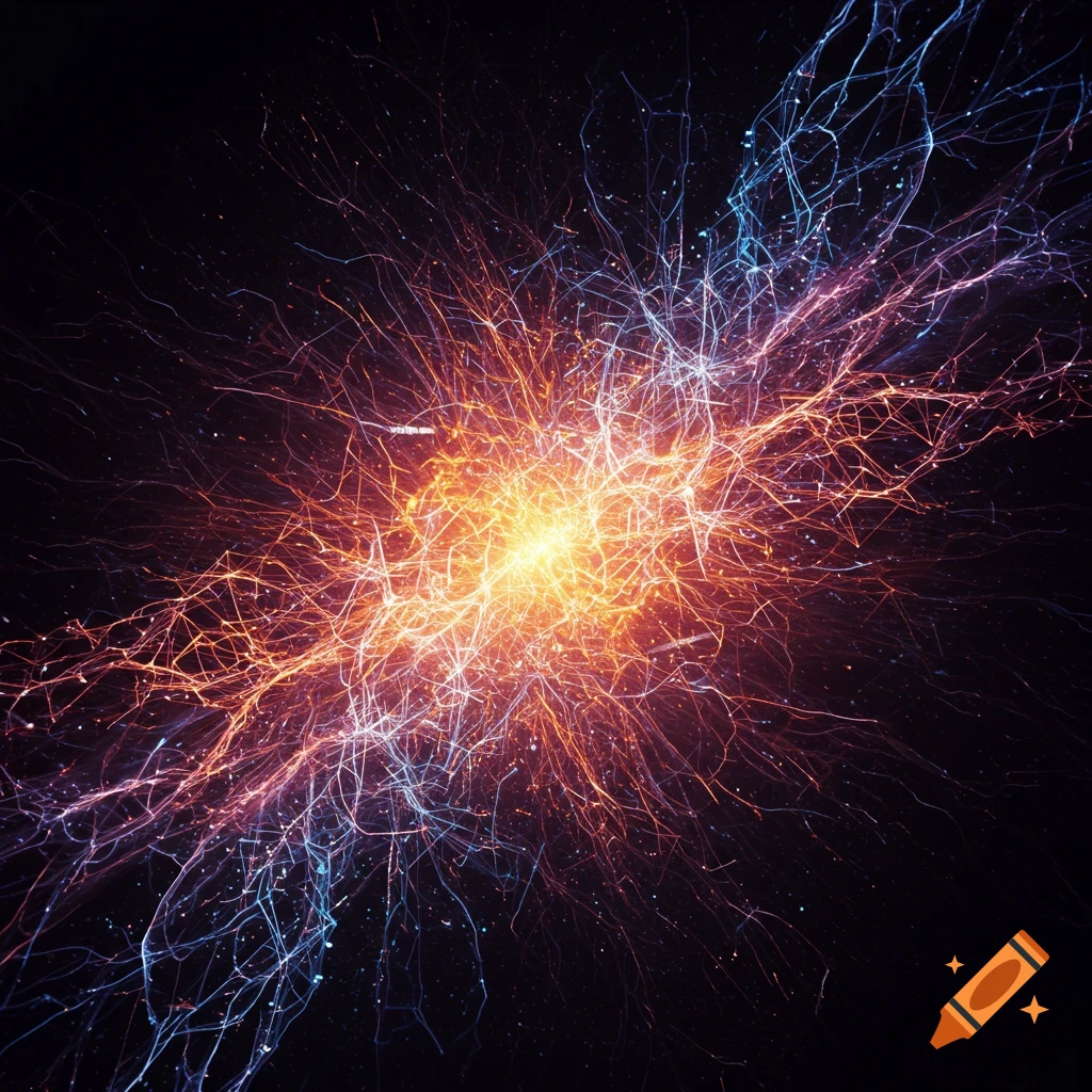 Abstract glowing core with chaotic network of orange, red, blue, and white light trails on a dark background, like a neural network.
