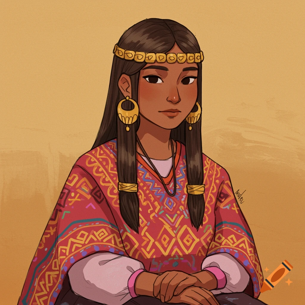 Stylized illustration of a young woman in a colorful patterned poncho, gold headband, and large gold earrings.