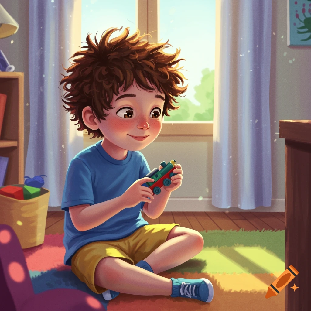 A digital illustration of a young boy with messy brown hair sitting on a colorful rug, happily playing with a toy train in a sunlit room.