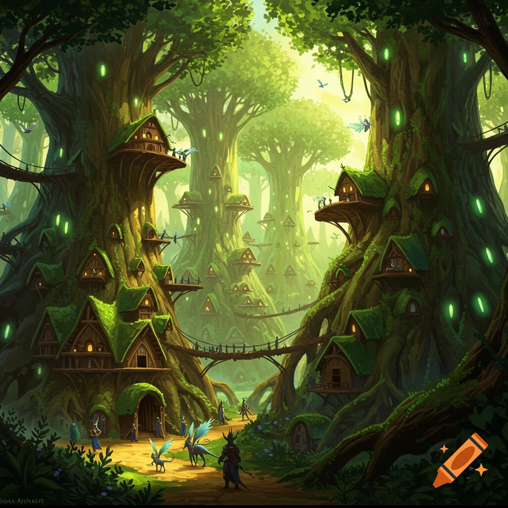 A vibrant fantasy forest village built into giant trees, with small figures and flying creatures.