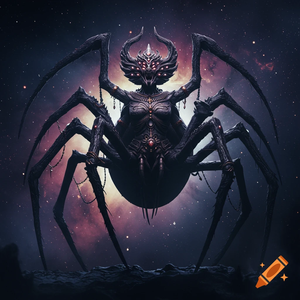 A dark fantasy spider creature with many eyes and horns against a nebula background.