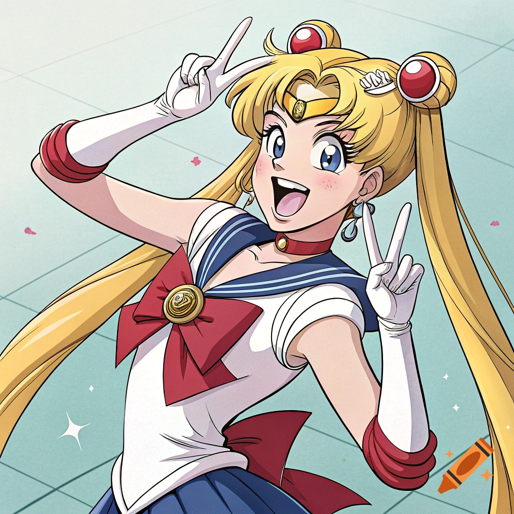 Sailor Moon character making peace signs with a happy expression in anime style.