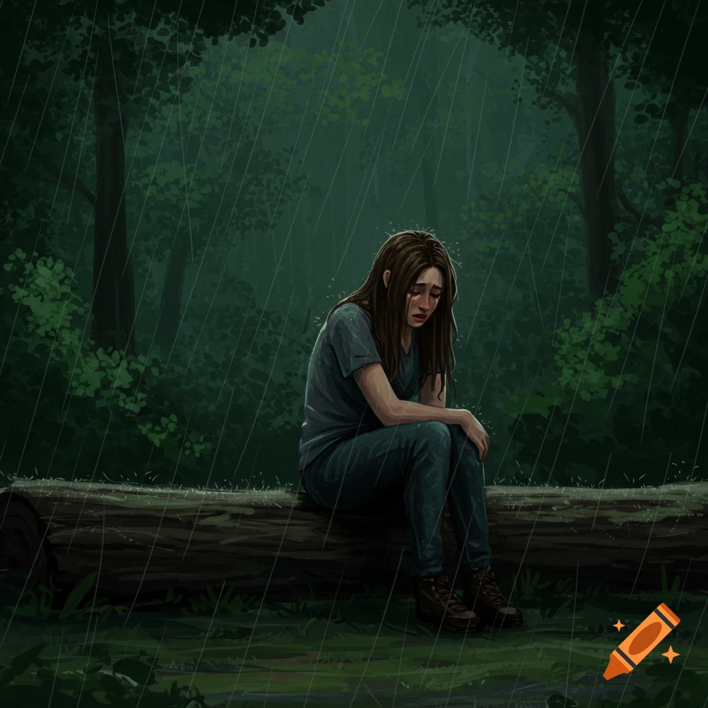 A sad person sits on a log in a rainy forest.