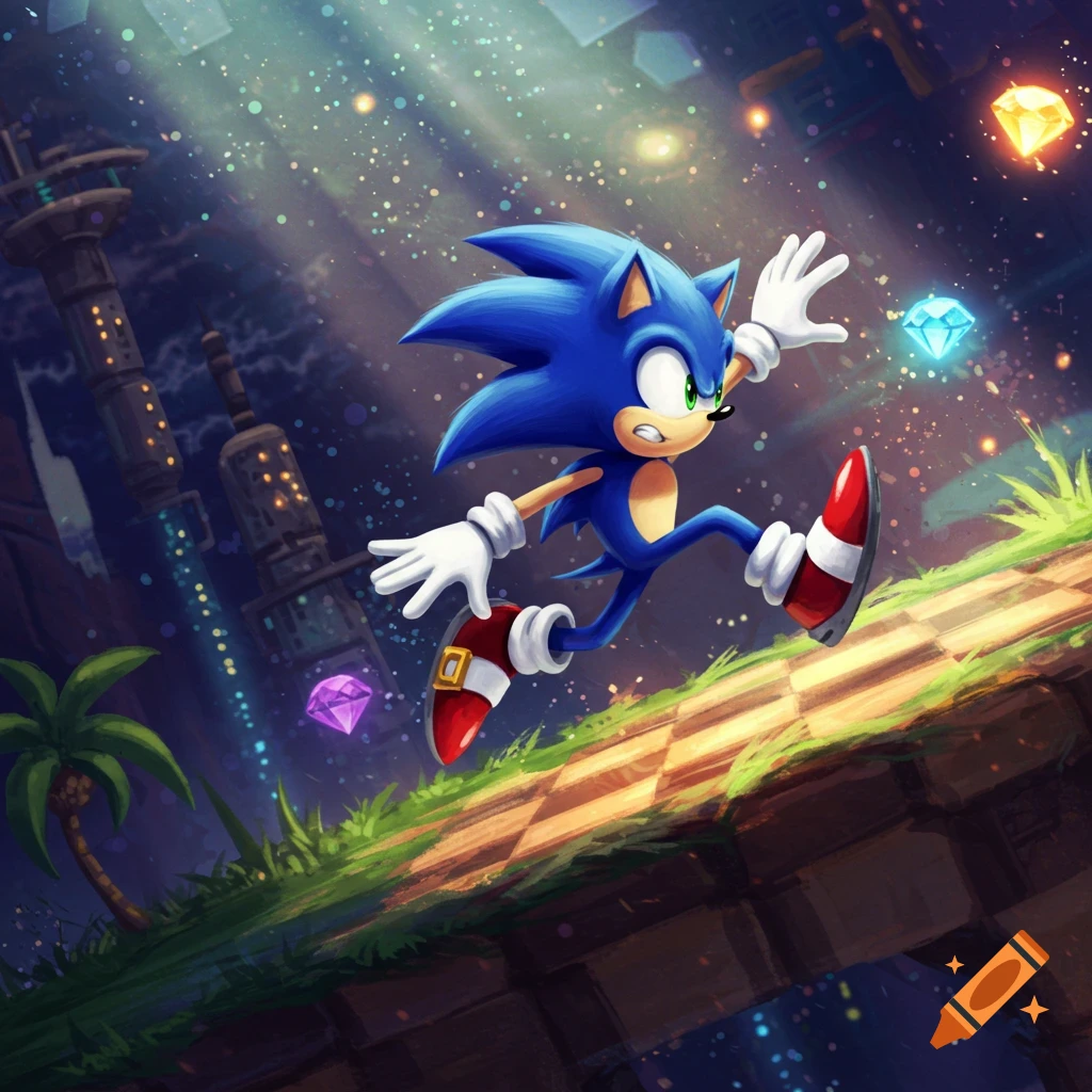 Sonic the Hedgehog running on a checkerboard path with floating gems.