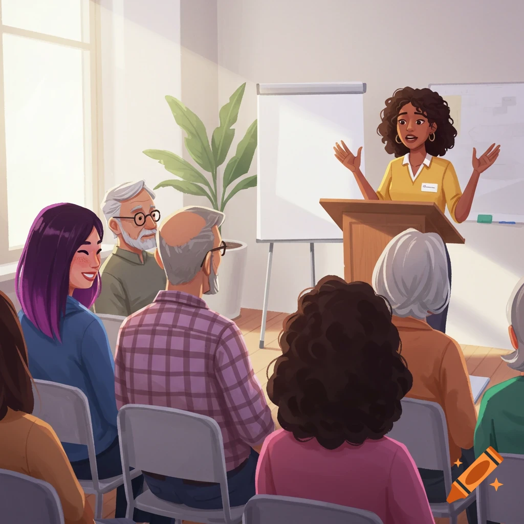 Speaker presenting to an audience at a seminar.