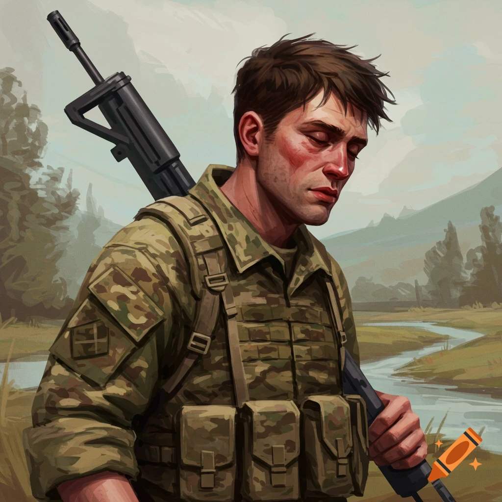 A soldier with a rifle over his shoulder, looking down pensively in a landscape.