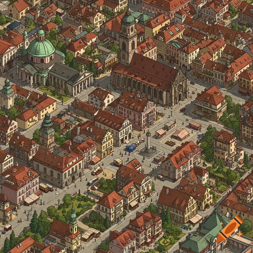 Top-down view of a detailed European city with churches, buildings, streets, and people.
