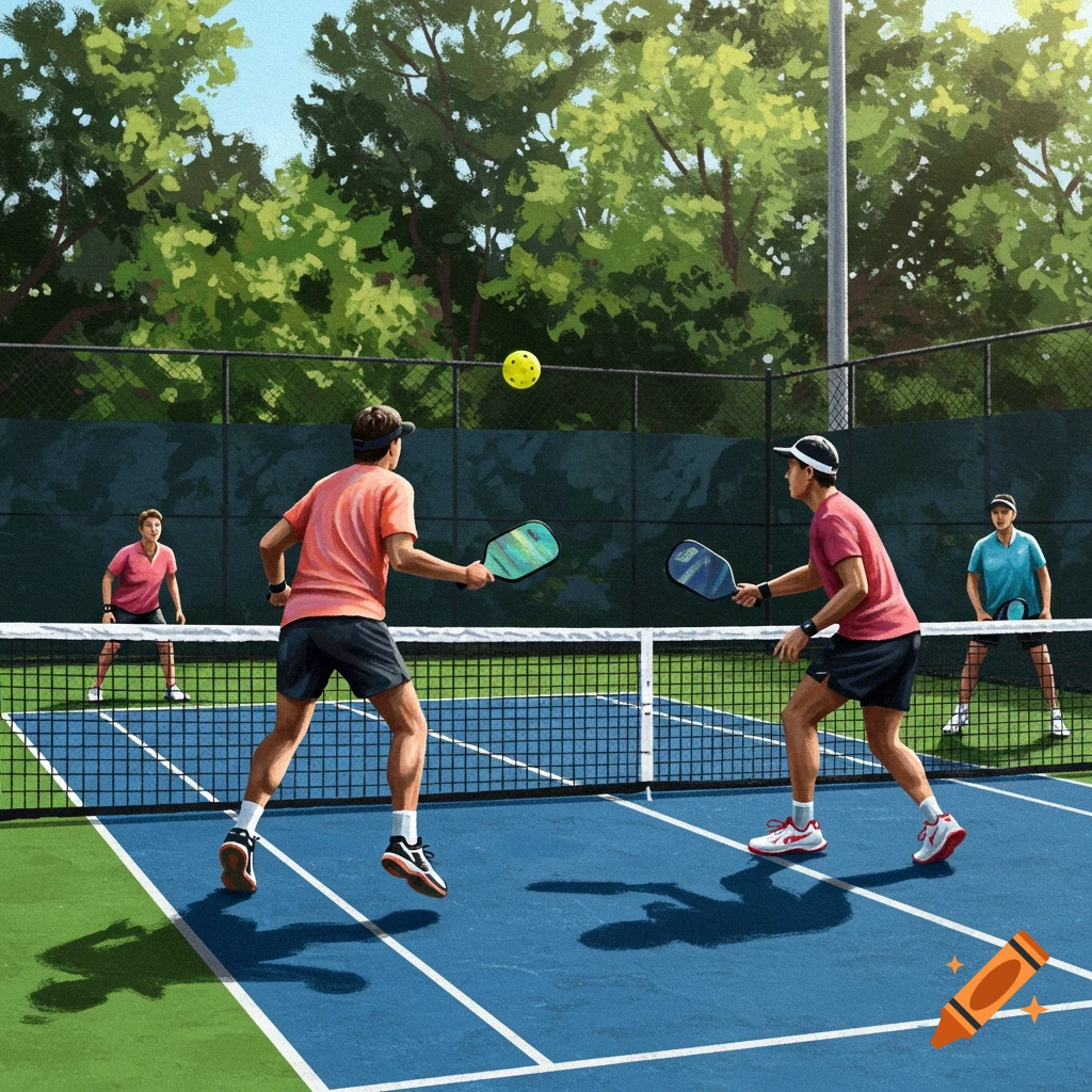 Four people playing pickleball on a court.