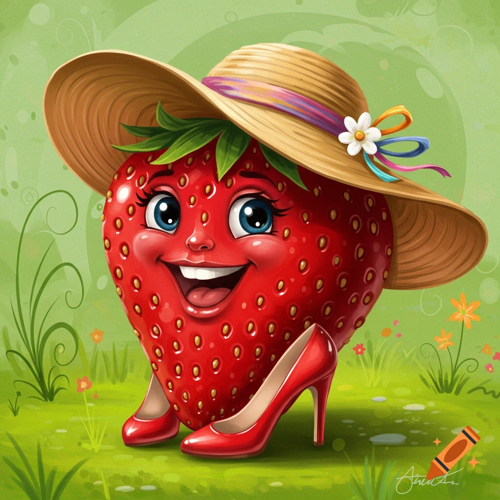 Cartoon strawberry character wearing a straw hat and red high heels in a field.