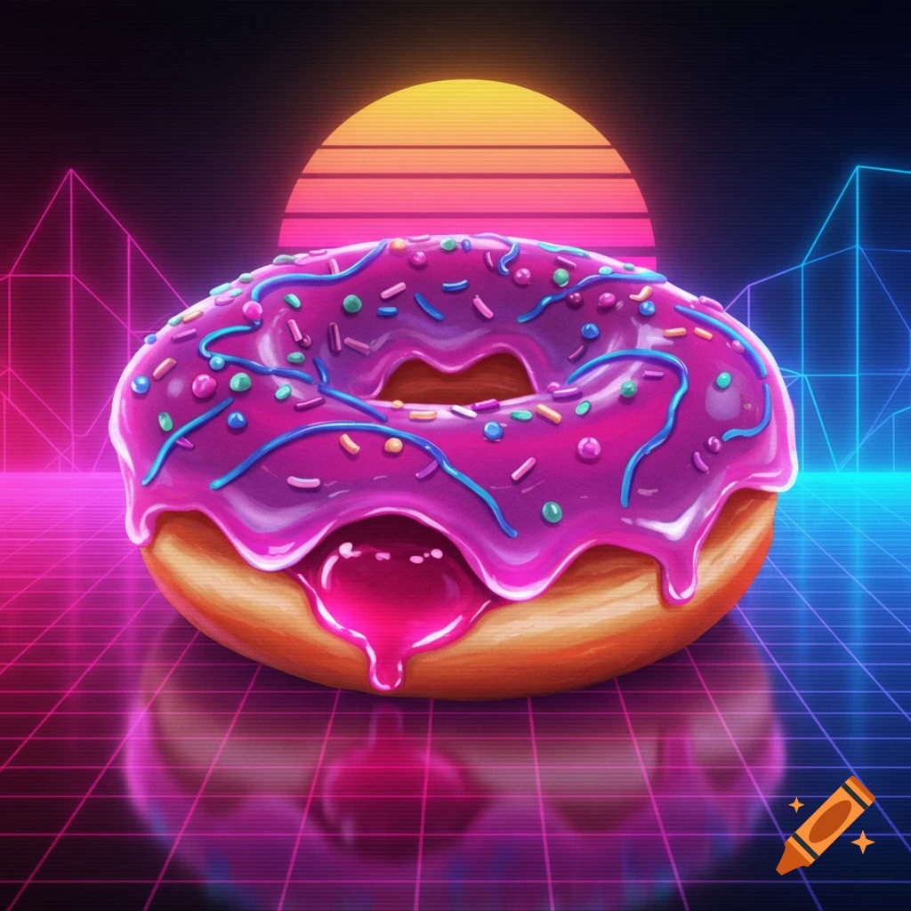 A pink iced donut with sprinkles in a synthwave setting