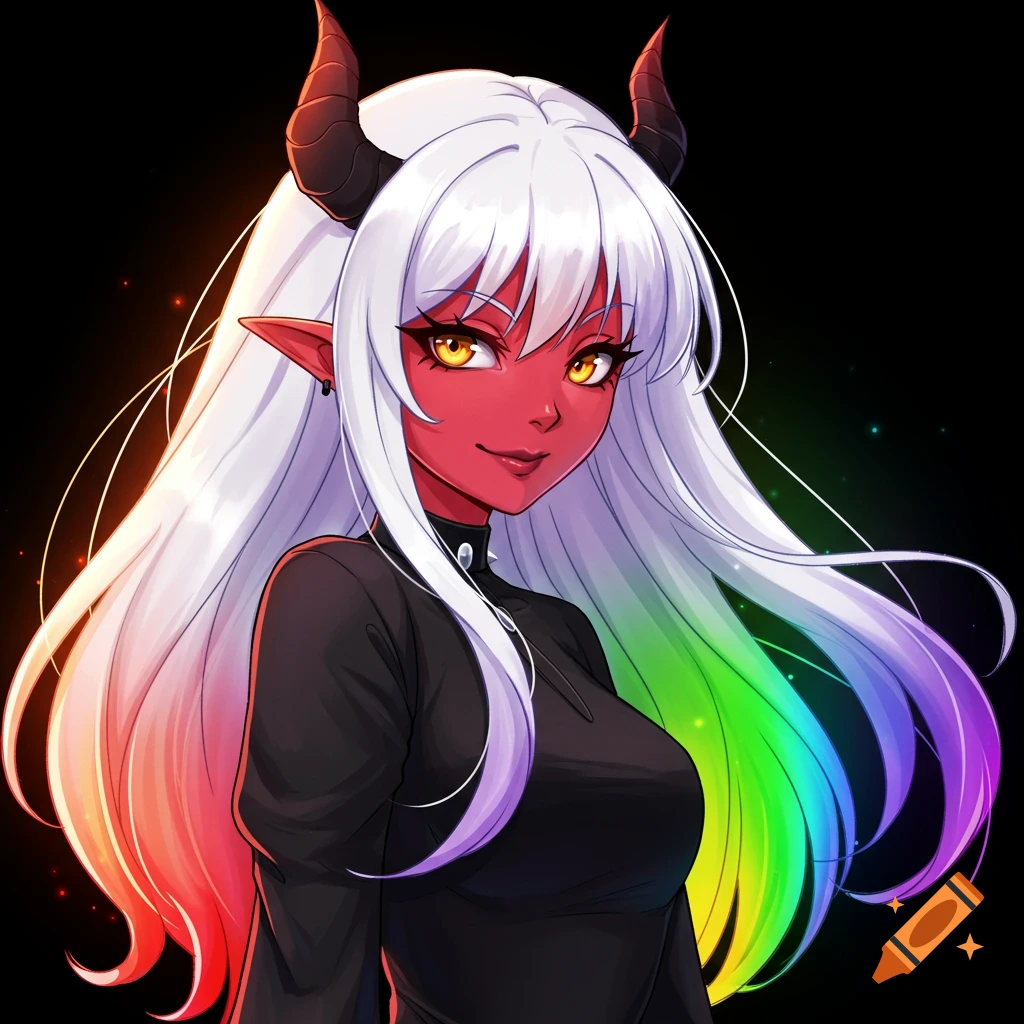 An anime portrait of a red-skinned demon girl with white hair that transitions to rainbow colors at the tips, wearing a black shirt.