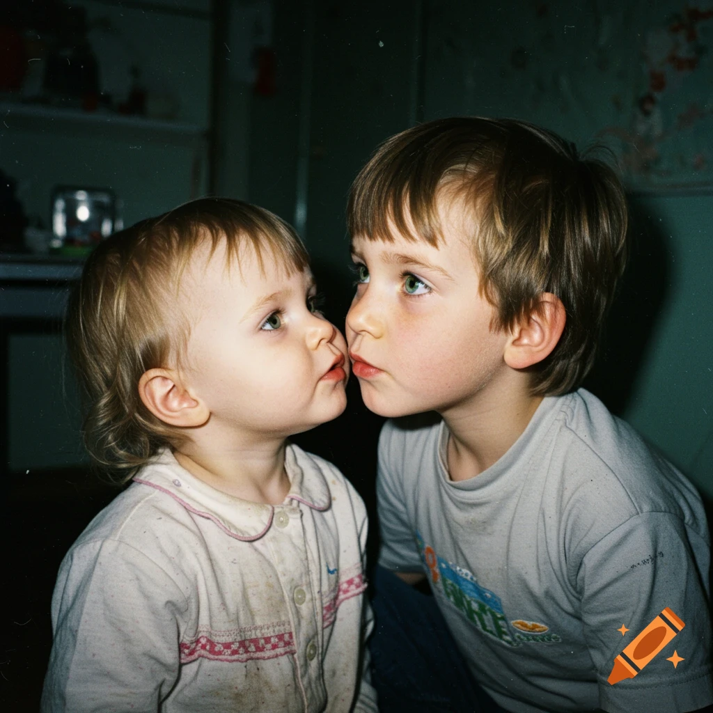 Nostalgic photo of a boy and younger girl leaning in close, looking at each other.