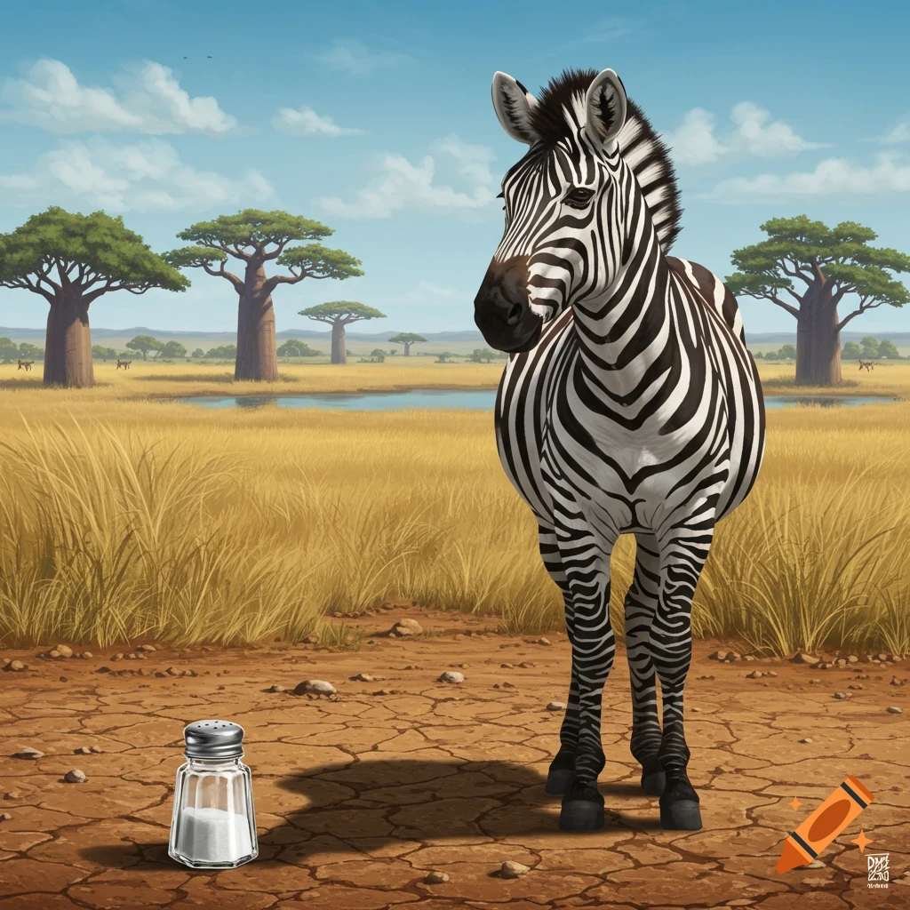 A zebra standing next to a salt shaker in a savanna landscape.