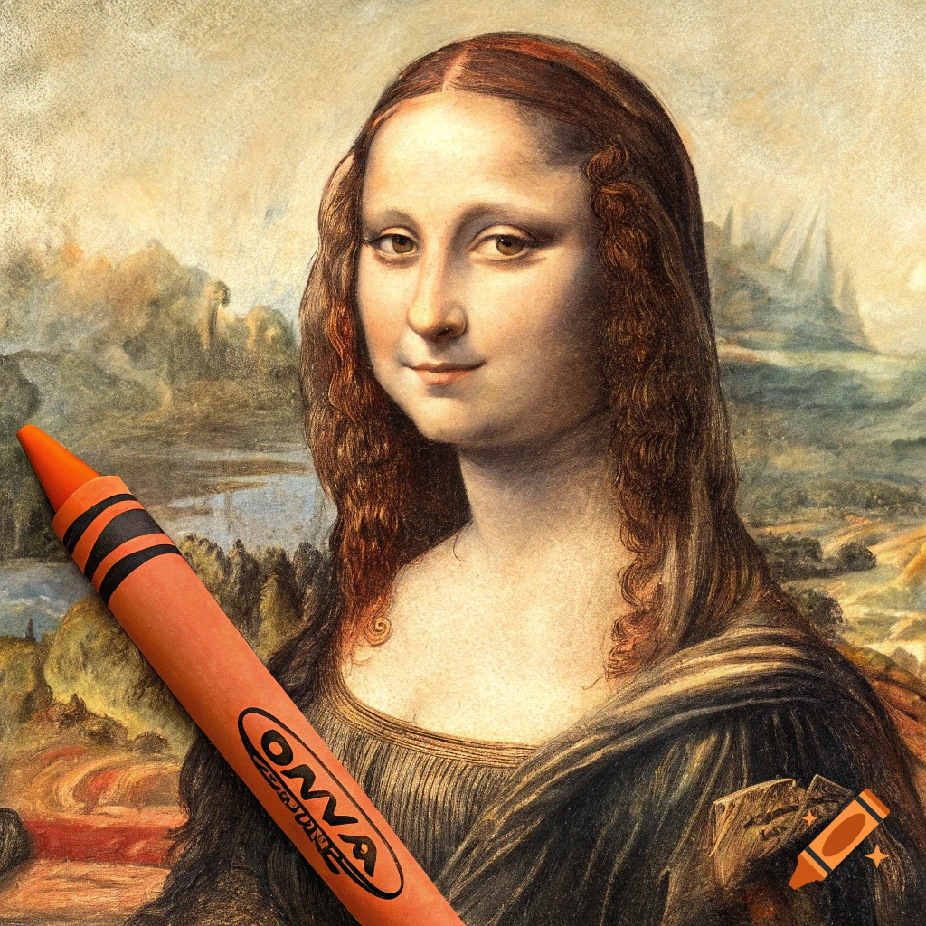 Mona Lisa painting with a large orange crayon