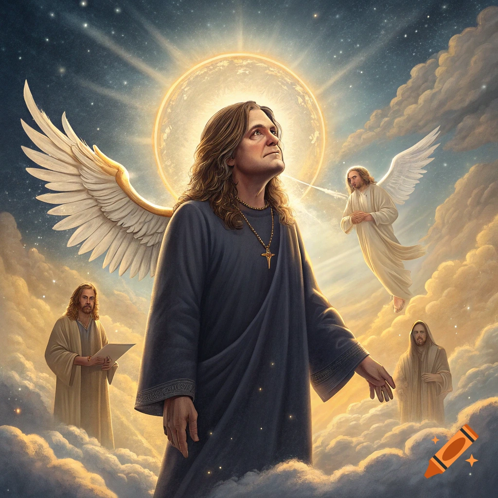 A figure resembling Ozzy Osbourne with wings stands in a starry sky among clouds with other angelic figures.