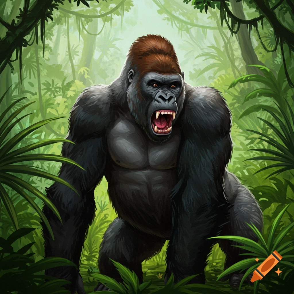 A roaring gorilla stands in a lush jungle.