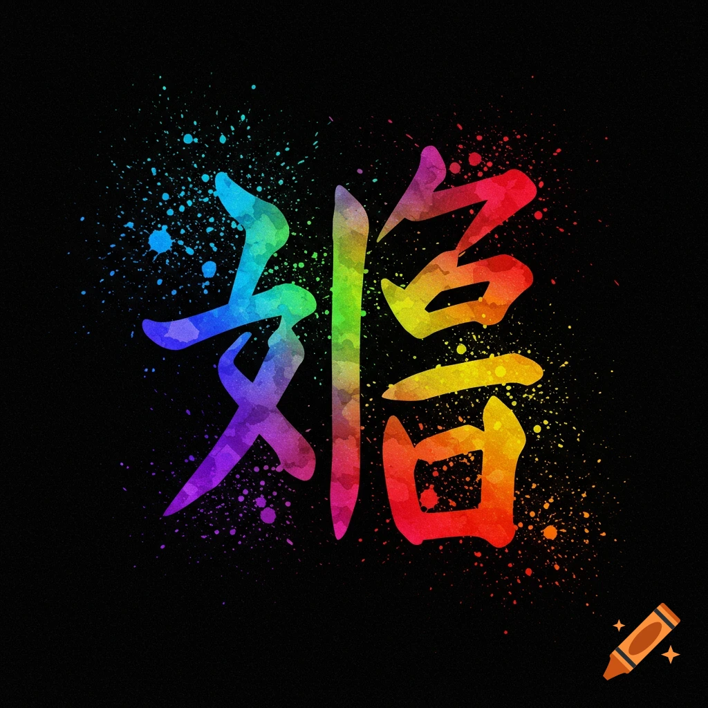 Colorful Hanzi characters with paint splatter effect on black background.