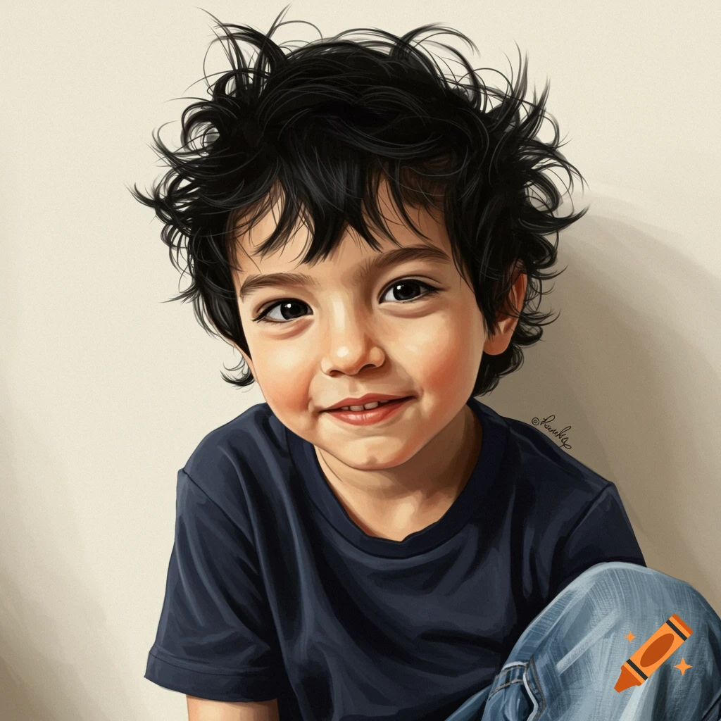 Realistic image of a young boy with messy black hair smiling