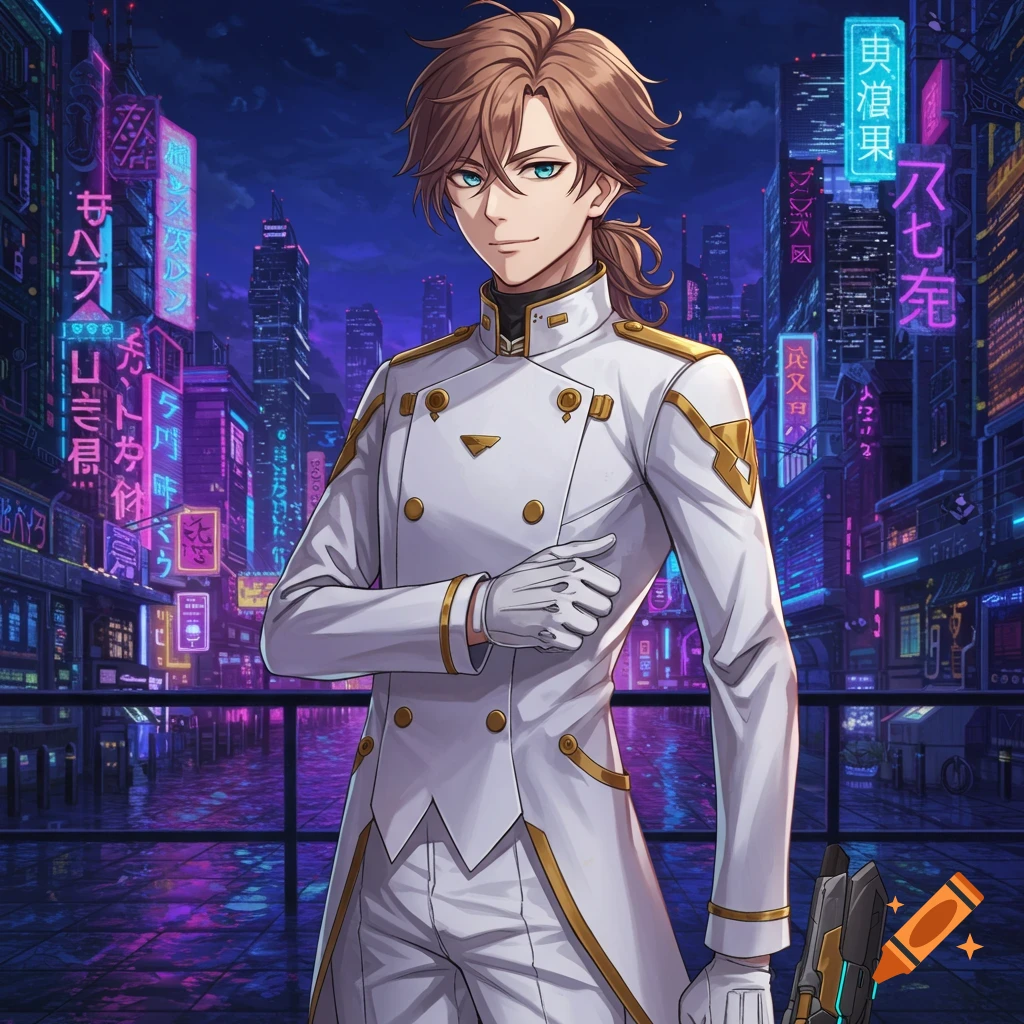 Anime guy in white suit in front of neon cyberpunk city