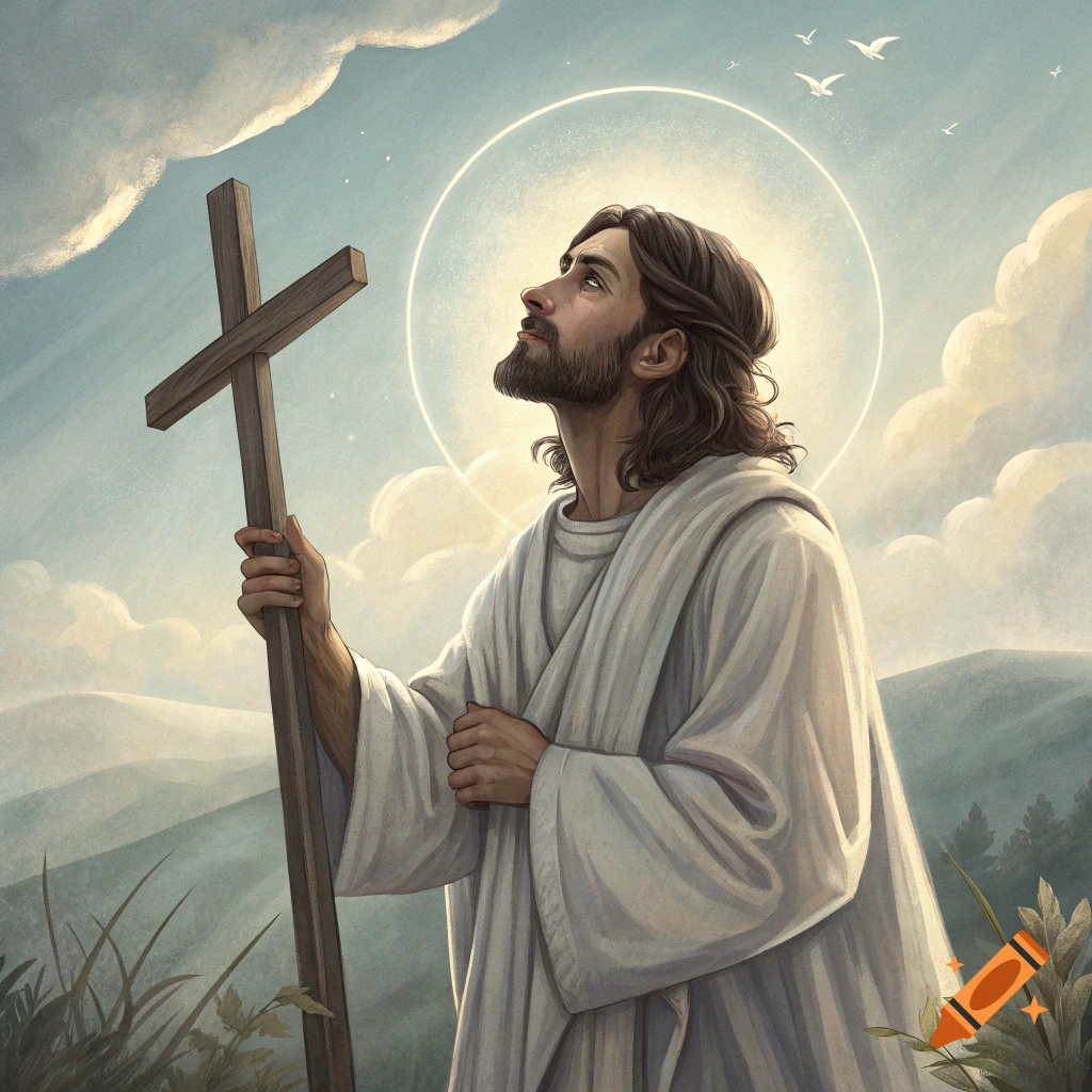 Illustration of Jesus holding a cross and looking up at the sky in a landscape.