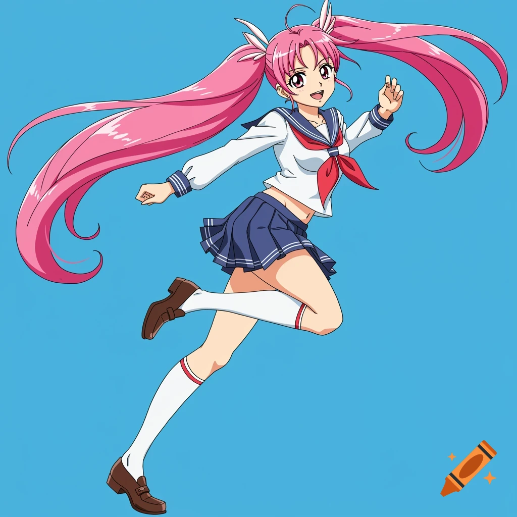 Anime drawing of a young woman with pink twintails wearing a sailor uniform, captured mid-jump against a blue background.