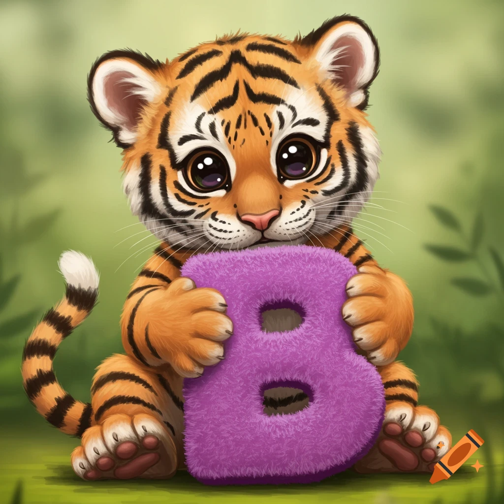 A cute baby tiger holding a plush purple letter B