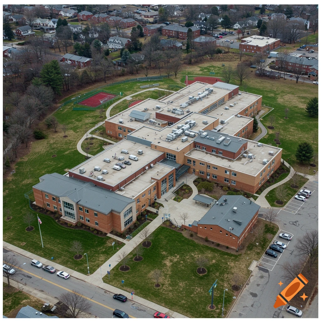 Aerial view of a large brick school building with green grounds and parking lots.
