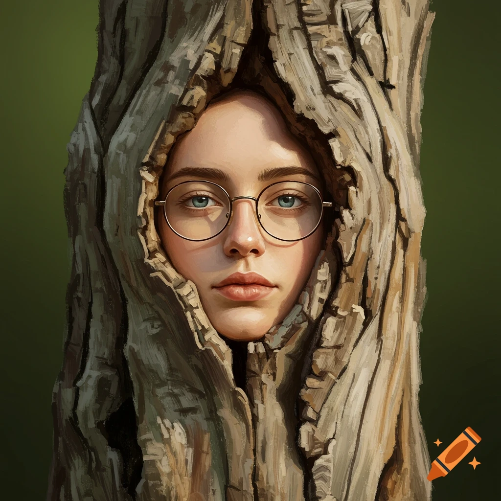 A close-up of a woman's face with glasses, seemingly emerging from a tree trunk.