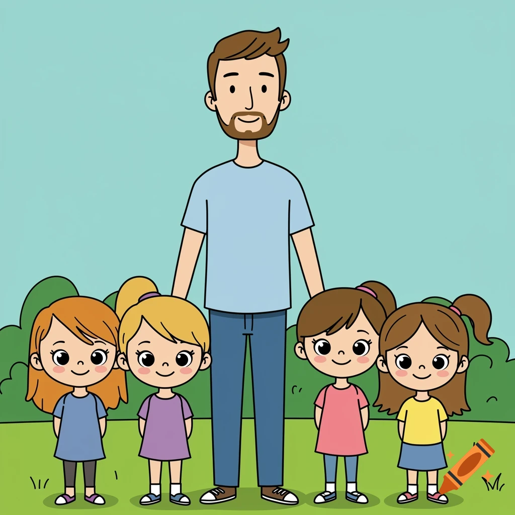 Cartoon illustration of a father and his four daughters standing in a park.