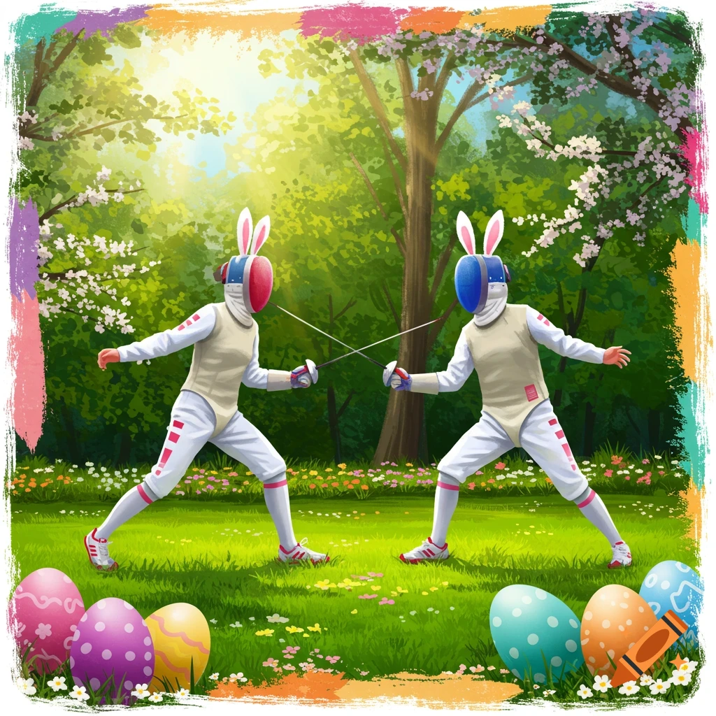 Two fencers wearing bunny ears in a park with Easter eggs
