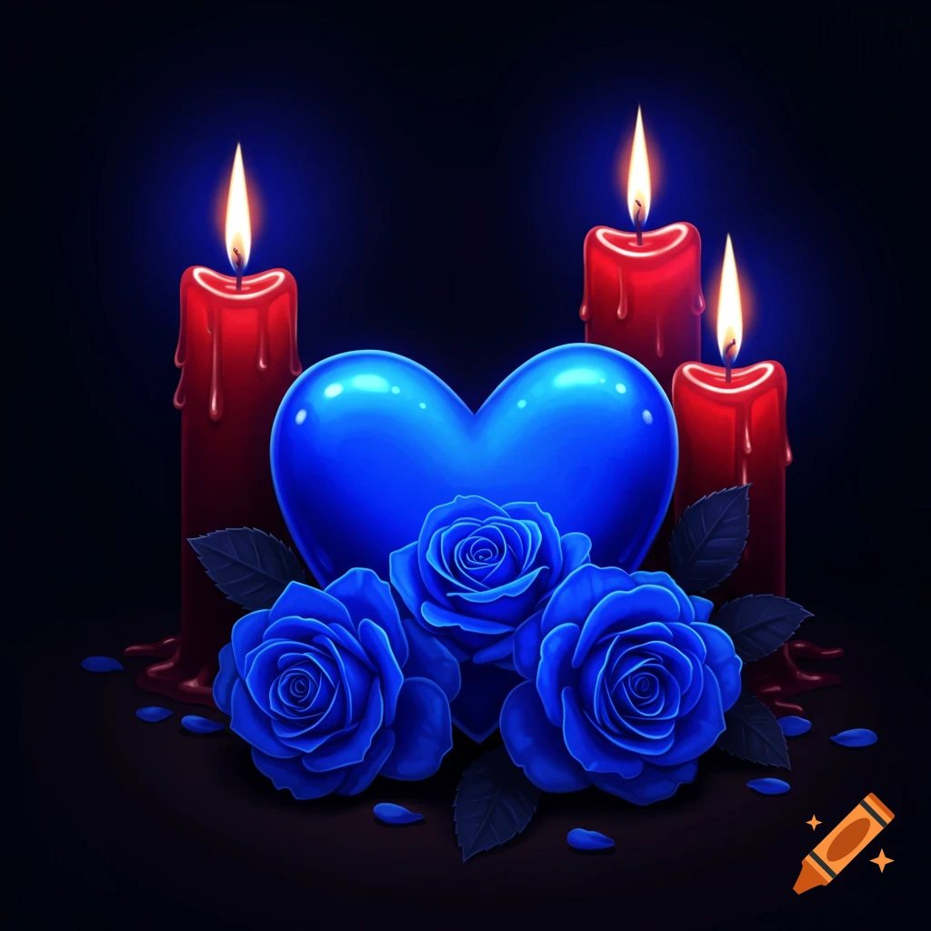 A shiny blue heart, three red burning candles, and blue roses.