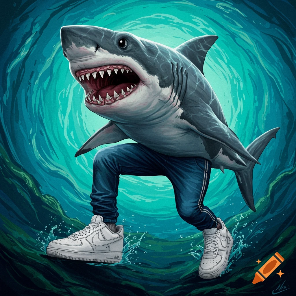 A shark with human legs and white sneakers walks underwater.