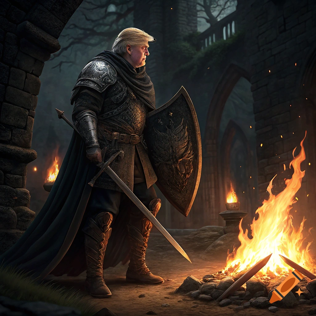A knight resembling Donald Trump stands by a campfire in dark fantasy ruins, holding a sword and shield.