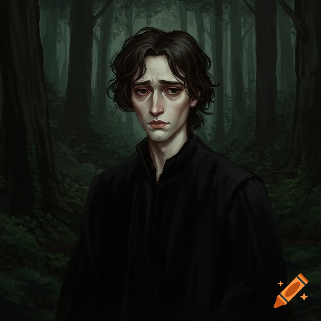 A sad man with dark hair in a dark forest.