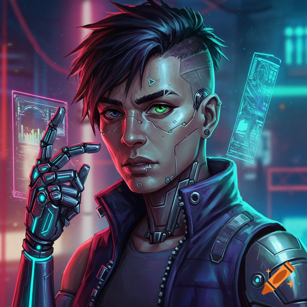 A character with cybernetic enhancements and glowing blue accents.