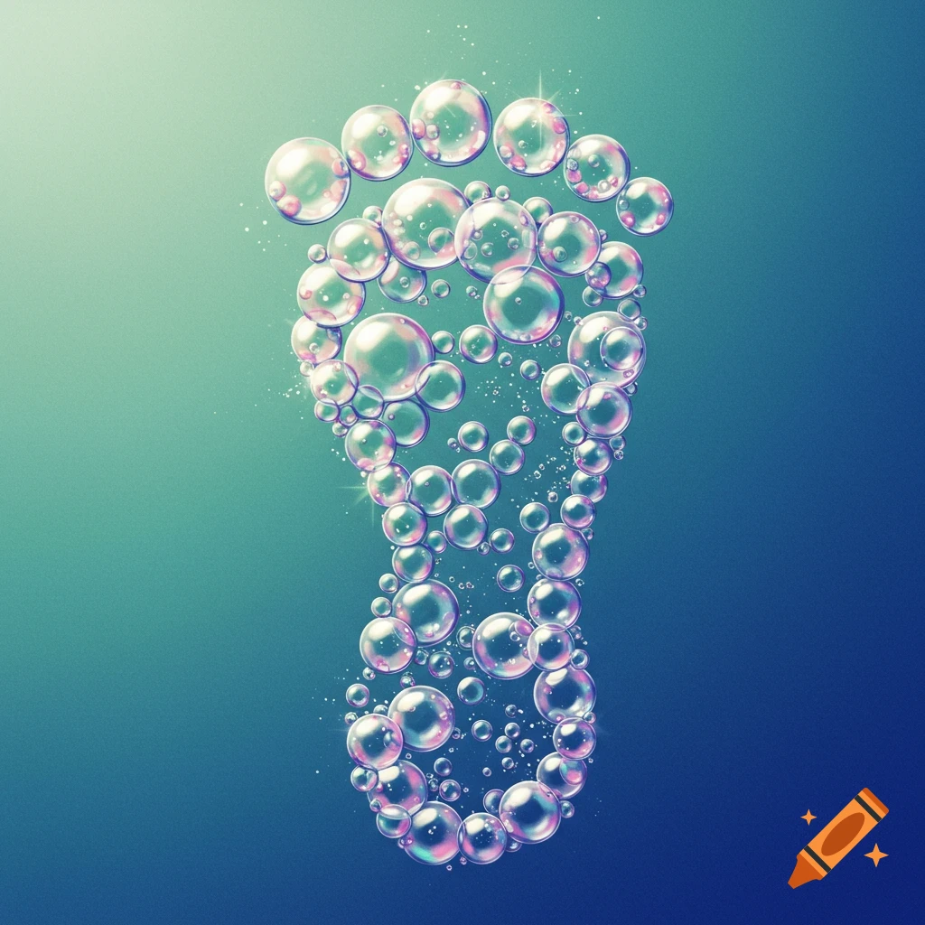 A footprint shape is formed by iridescent bubbles on a blue-green background.